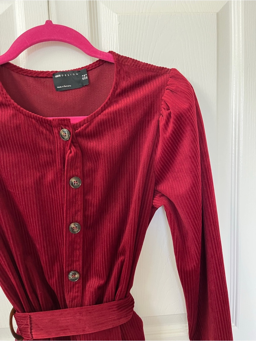 ASOS DESIGN Red Ribbed Belted puffy shoulder, corduroy jumpsuit, beautiful